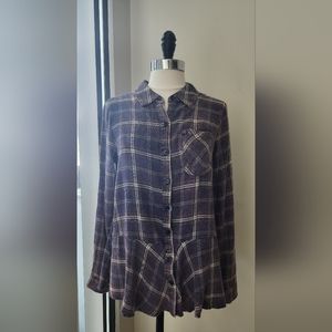 Leo & Nicole Plaid Button Down Peplum Top Size S